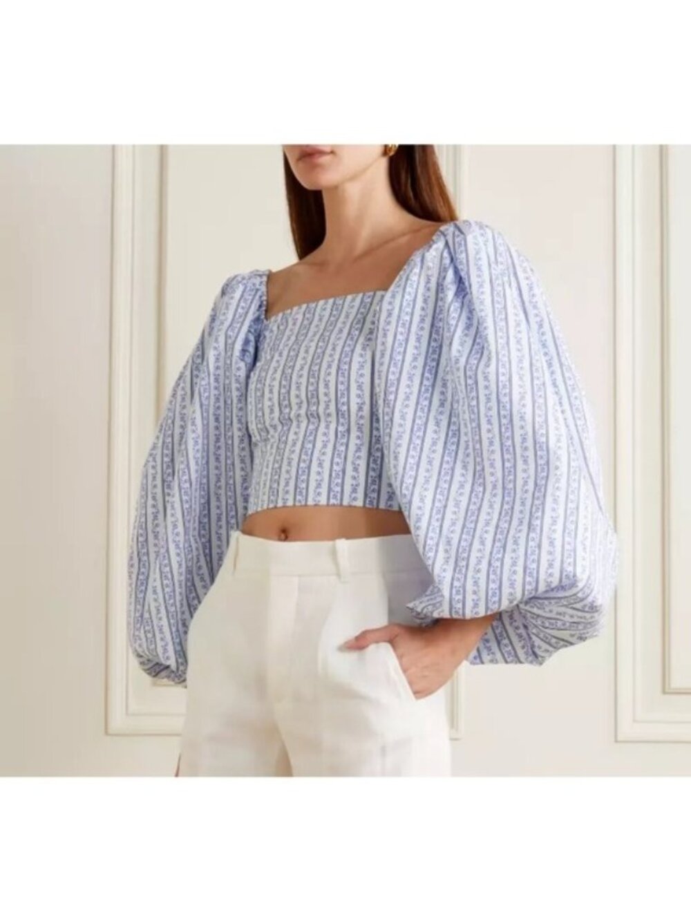 Caroline Constas Carter Top Off The Shoulder White Blue Toile Stripe, S